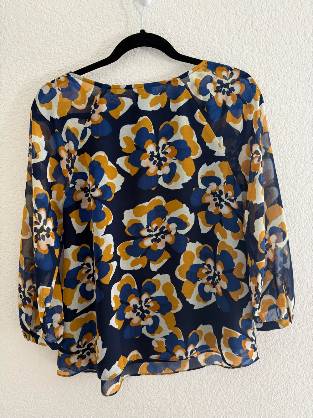 CAbi Women’s Navy Floral Blouse with Mustard & White Accents